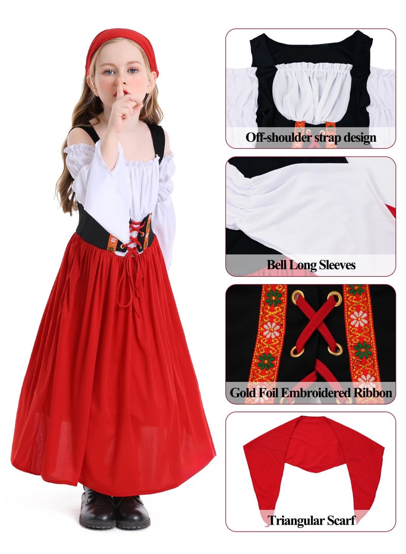 نيبمينينت Renaissance Medieval Princess Costume Dress for Girls | Victorian Bell Sleeve Off-Shoulder Gown with Headband | Fancy Dress-Up for Halloween, Cosplay, Themed Parties (Ages 4-16 Years) - Image 5
